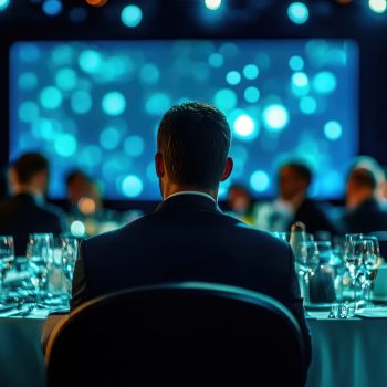Man in suit at formal dinner, watching presentation. Ideal for corporate event, awards ceremony, or business meeting visuals.