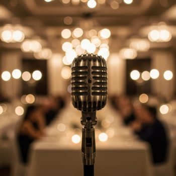 Retro microphone in front of blurred audience during a conference