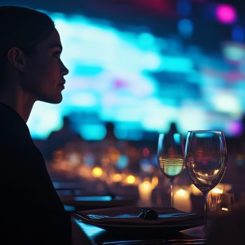 This image features a woman in silhouette, set against colorful lights. It emphasizes a stylish dining atmosphere. Ideal for events, dining themes or social gatherings. Generative AI